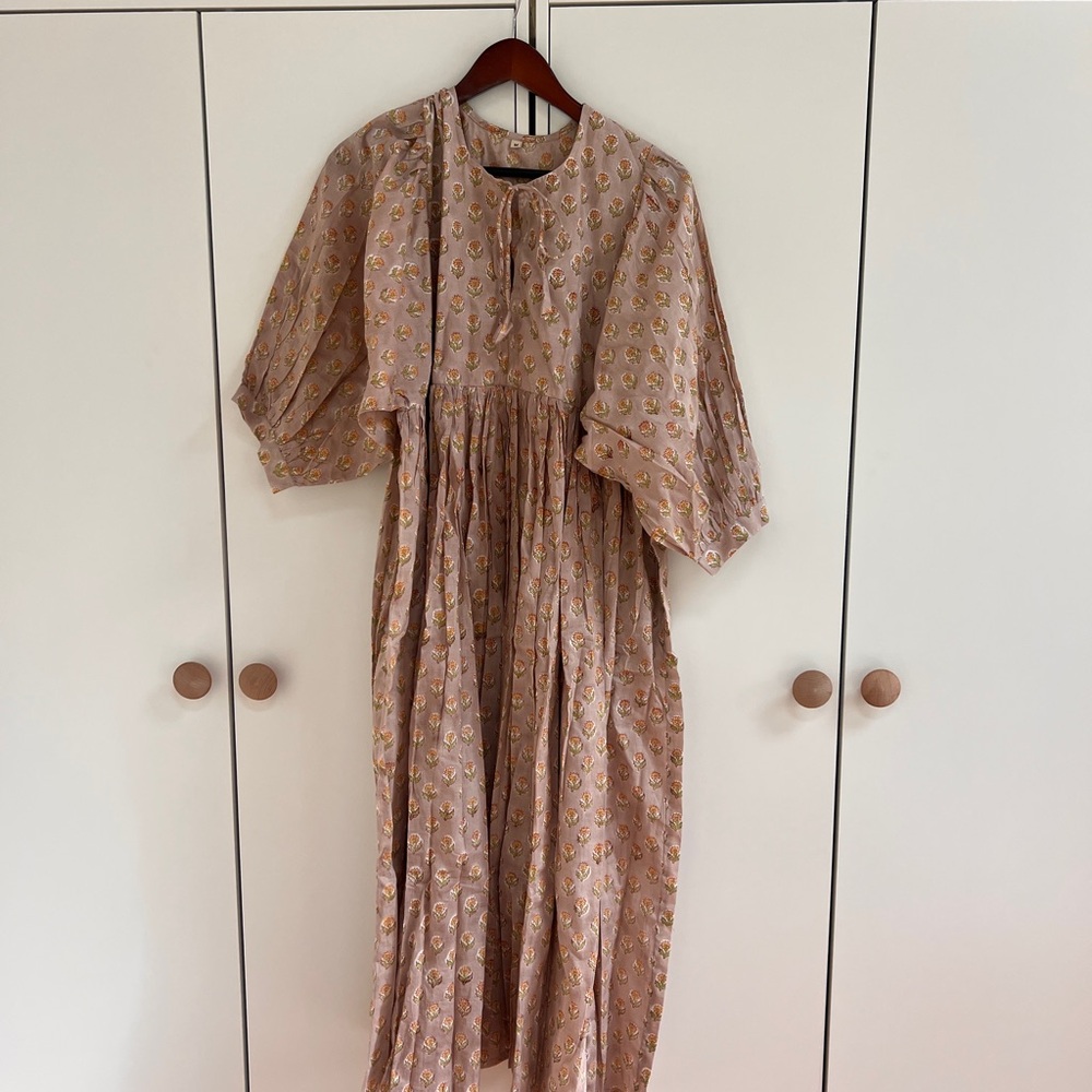 Floral Pink 100% Cotton Hand Block Printed Maxi Dress M